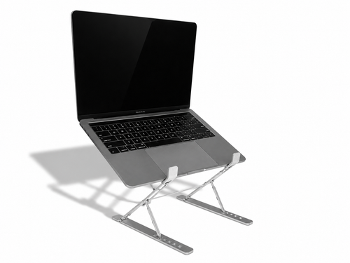 Stelo aluminum laptop stand with MacBook Pro elevated at angled view on white background view