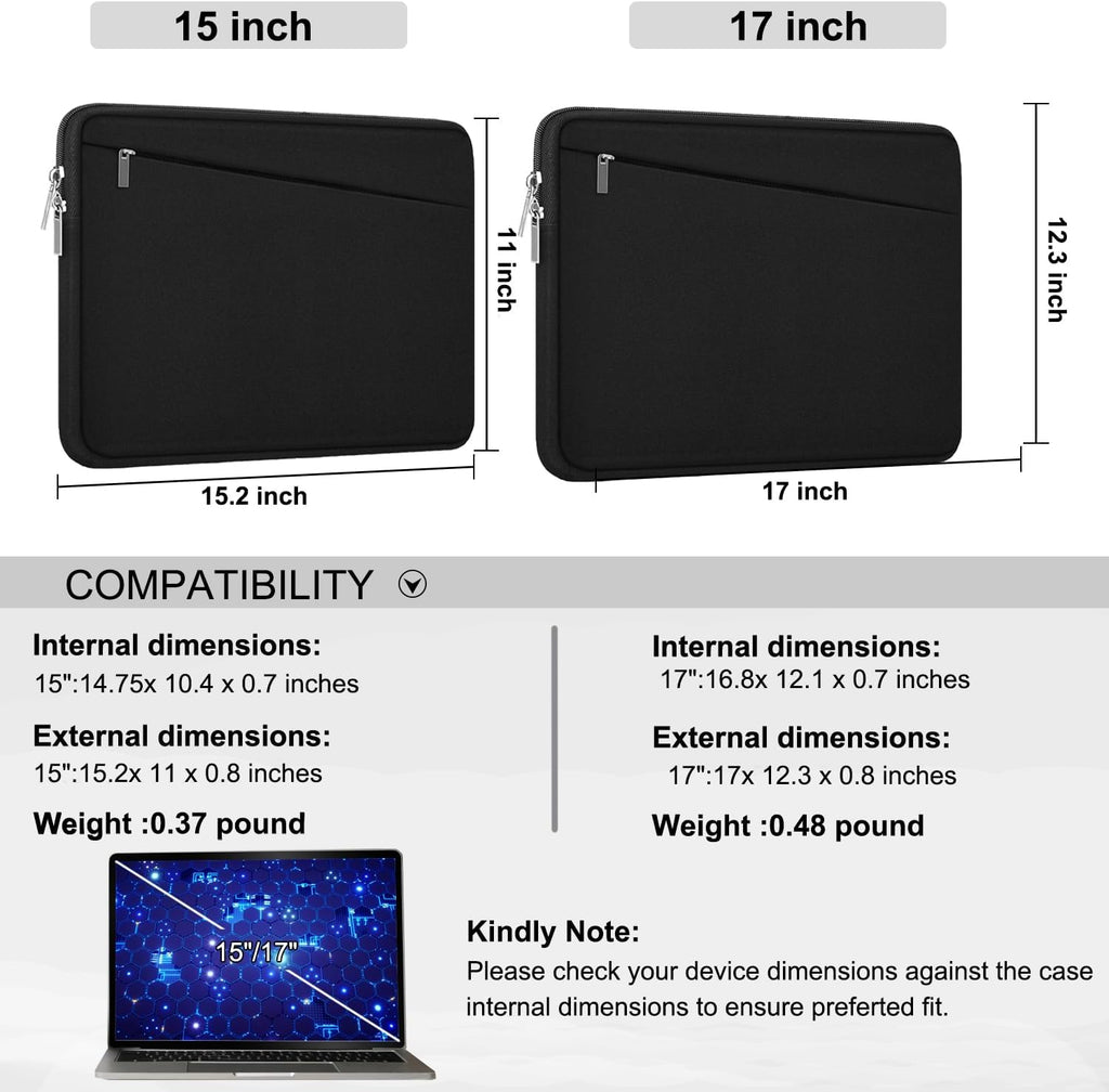 15 Inch Laptop Sleeve, Durable Computer Carrying Bag Protective Case Cover Briefcase Handbag with Front Pocket, Slim Laptop Case Cover for 15.4 Inch HP, Dell, Lenovo, Asus, Notebook, Black